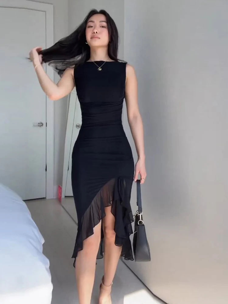 Women Maxi Dress Summer Elegant Solid Sleeveless Nipped Waist Slim Backless Ruffled Irregular Party Dresses Streetwear