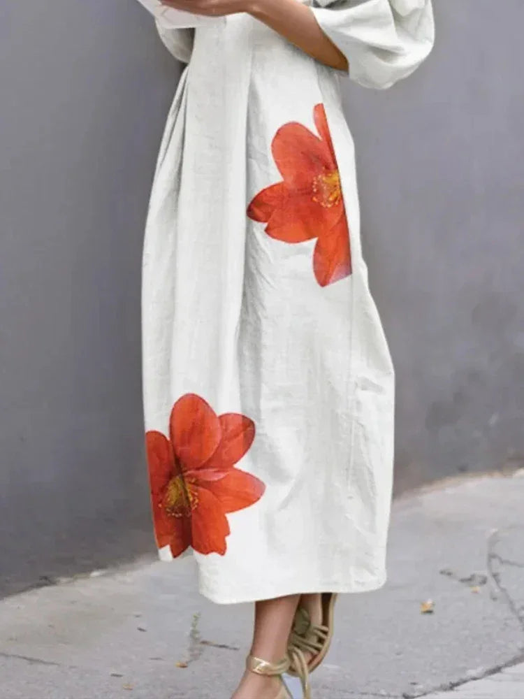 Women's Summer Dresses 2025 Evening Dress Fashion Half Sleeves Loose Flower Print Round-Neck Midi Dresses Female Clothes