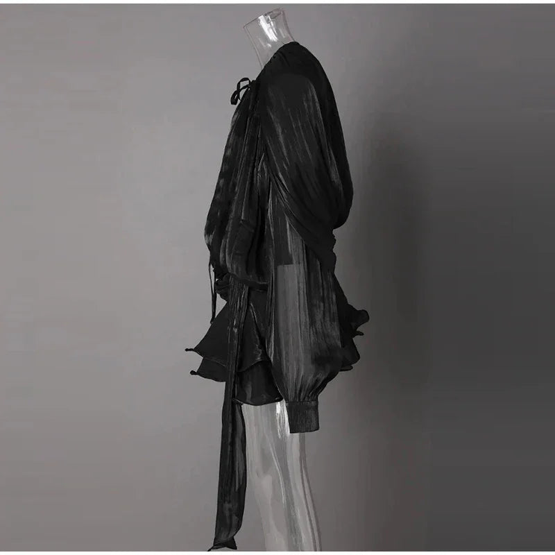 Ruffles Mini Dress Women Lace Up  V Neck Long Sleeve Pleated Female Dresses 2025 Elegant Summer Autumn Street Loose Ladies Robes