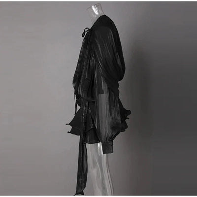 Ruffles Mini Dress Women Lace Up  V Neck Long Sleeve Pleated Female Dresses 2025 Elegant Summer Autumn Street Loose Ladies Robes