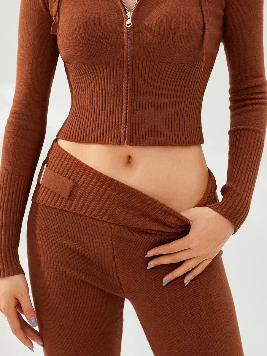 Women Tracksuit  Knit Lounge Set Long Sleeve Zip Up Hoodie with High Waist Wide Leg Pant 2 Piece Sweater Ensemble Casual Set