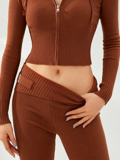 Women Tracksuit  Knit Lounge Set Long Sleeve Zip Up Hoodie with High Waist Wide Leg Pant 2 Piece Sweater Ensemble Casual Set