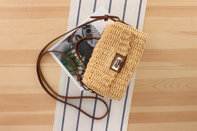 Handmade Women's Shoulder Bag Summer Straw Beach Bag Bohemian Female Handbags Fashion Square Flap Lock Designer Shopper Purse