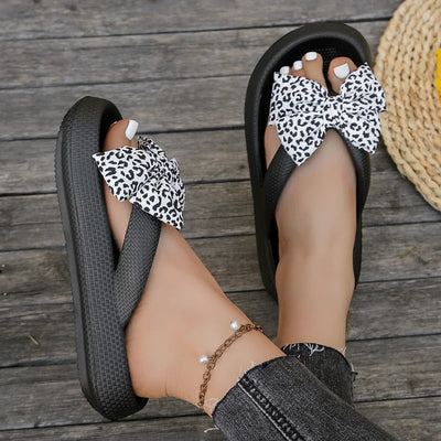Summer Sexy Leopard Print Bow Decoration Women's Flip Flops Beach Walk Party Vacation Home Comfort Versatile Fashion Flat Sandal