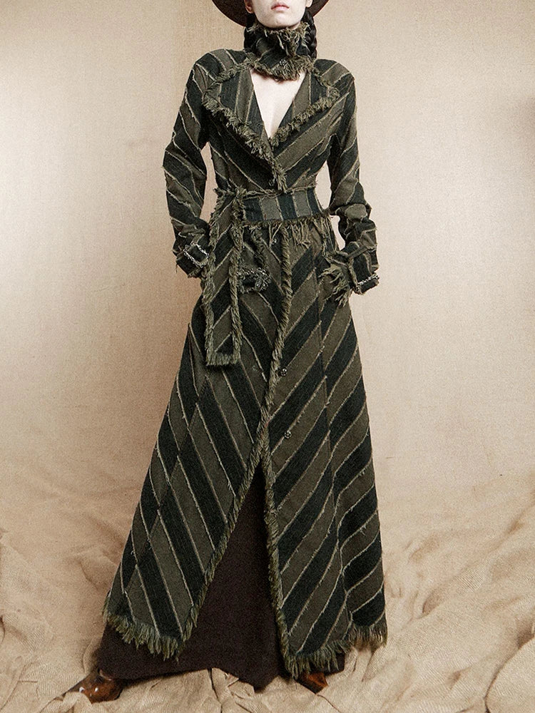 [Vibe] Women Blue Striped Burr Denim Long Trench New Turtleneck Long Sleeve Windbreaker Fashion Tide Spring Autumn 2025