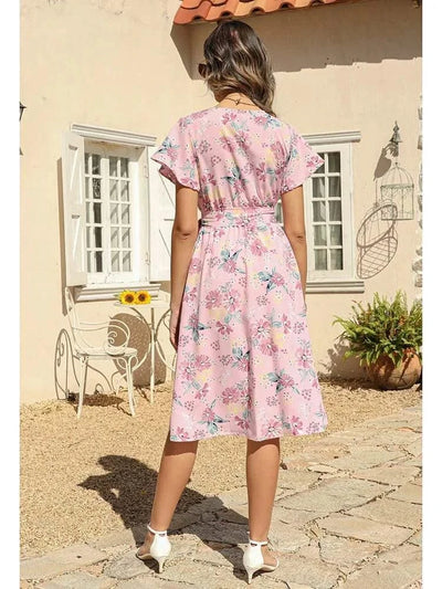 Floral Print Midi Dress Women Robe Elegant Chic