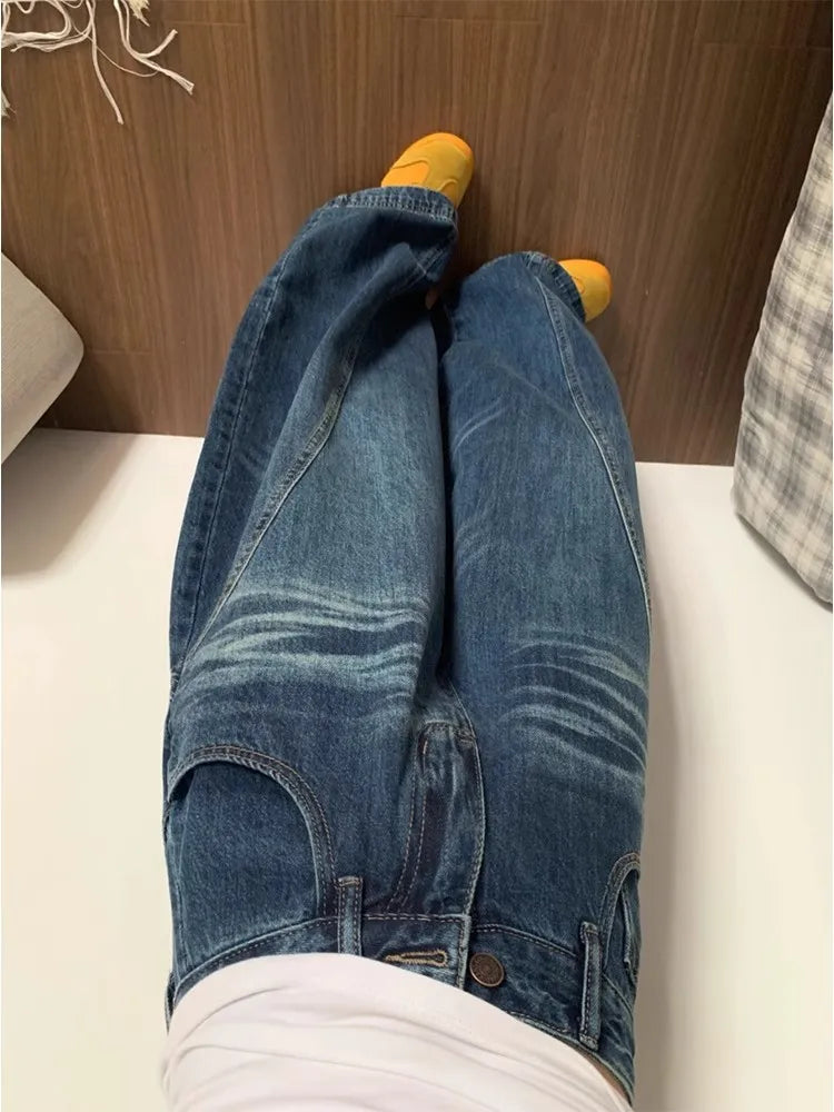 Women's Retro Street Curved Wide Leg Blue Jeans Vintage Y2K Trousers Cool Girl Bottoms Female High Waist Loose Cargo Pants