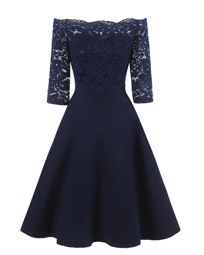 Women Elegant Wedding Bridesmaid Dinner Dress Sexy Lace Off Shoulder Party Dresses Solid Color Half Sleeve Evening Gown Vestido