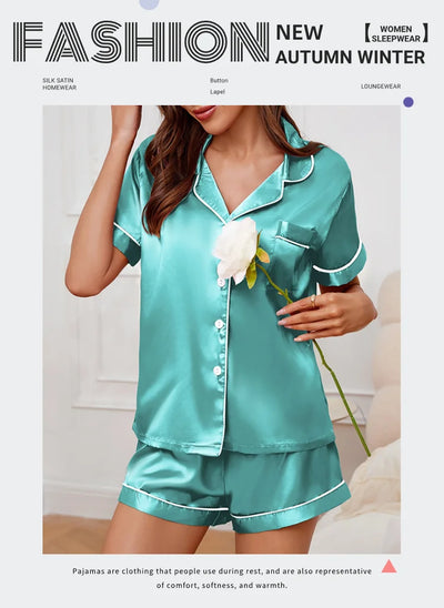 Women's Sleepwear Silk Satin Pajamas Set Button-Down Pyjama Shorts Suit Pijama Femme Loungewear Pj Sets Solid Color Home Clothes