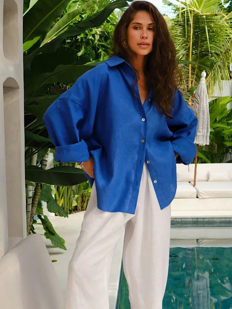 Fashion Loose Blouses Spring Urban Women's Linen Shirt Long Sleeve Turn Down Collar Top Vintage Cotton Linen Shirts for Women