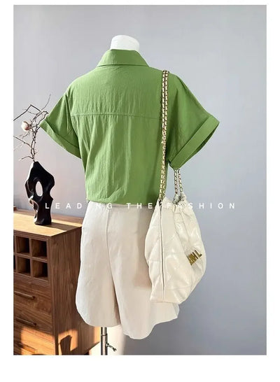 Women Clothing Summer Fashion Casual Button Solid Color Polo Collar Female Simplicity Temperament Appear Thin Short Sleeve Tops