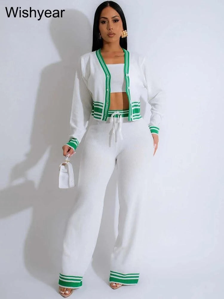 Casual Active Wear Knitted Tracksuit Women 3 Piece Set Sporty Fitness Striped Top + Bra+ Wide Leg Pants Outfits Jogging Femme