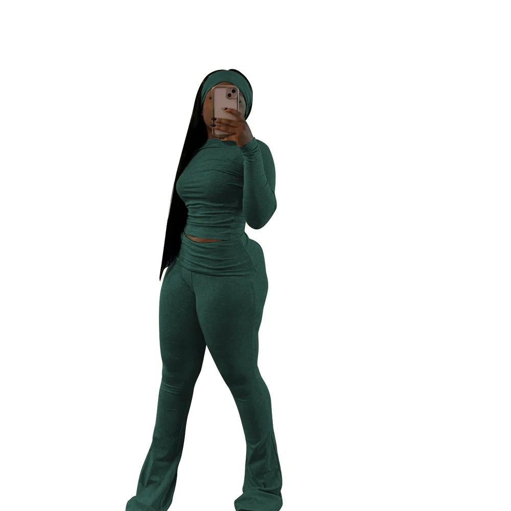 2 Two Piece Lounge Wear for Women 2024 Loungewear With Headband Yoga Outfit Long Sleeve Tops and Flare Pants Sets Tracksuit