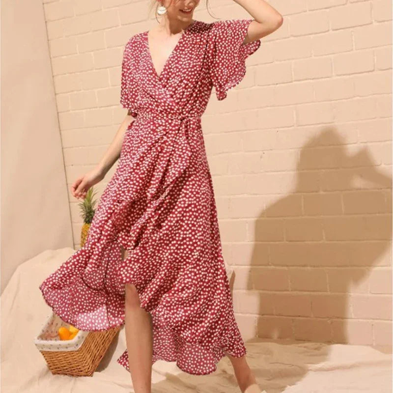 Women Summer Dresses Bohemian Sexy V-Neck Irregular High Waist Lace-up Chiffon Print Dress Casual Beach Long Dress