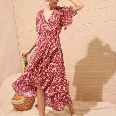 Women Summer Dresses Bohemian Sexy V-Neck Irregular High Waist Lace-up Chiffon Print Dress Casual Beach Long Dress