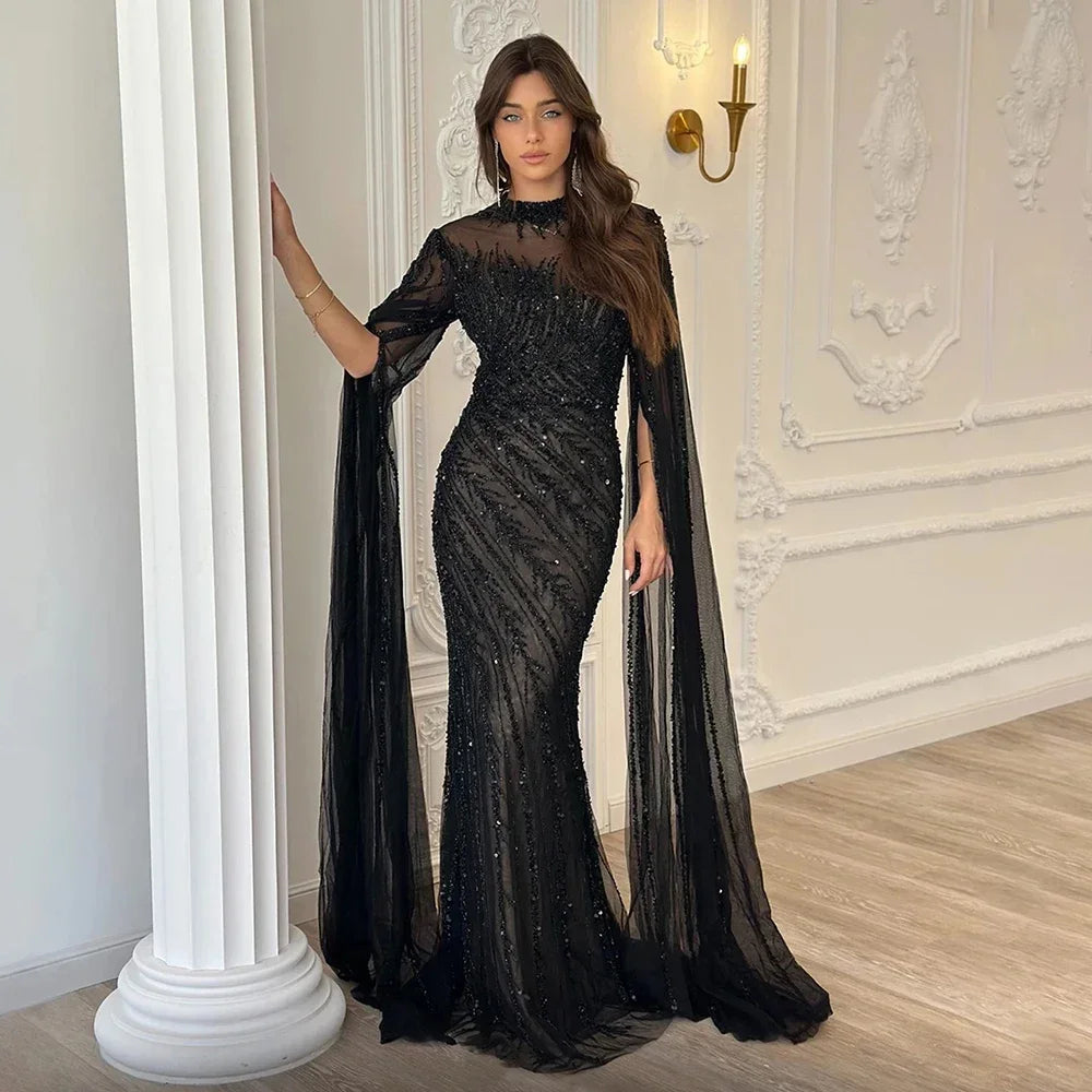 FATAPAESE Luxury Evening Dress 2025 Sheath Beading Sequined High neck Full Sleeve Zipper Sweep Prom Dress Shiny Formal Gowns