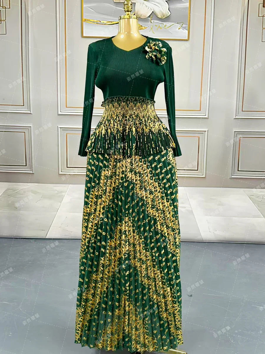 Luxury Women Chic Evening Dresses 2025 Formal Ball Gowns Elegant Party Miyake Pleated Long Sleeve Dress Female Plus Size Clothes