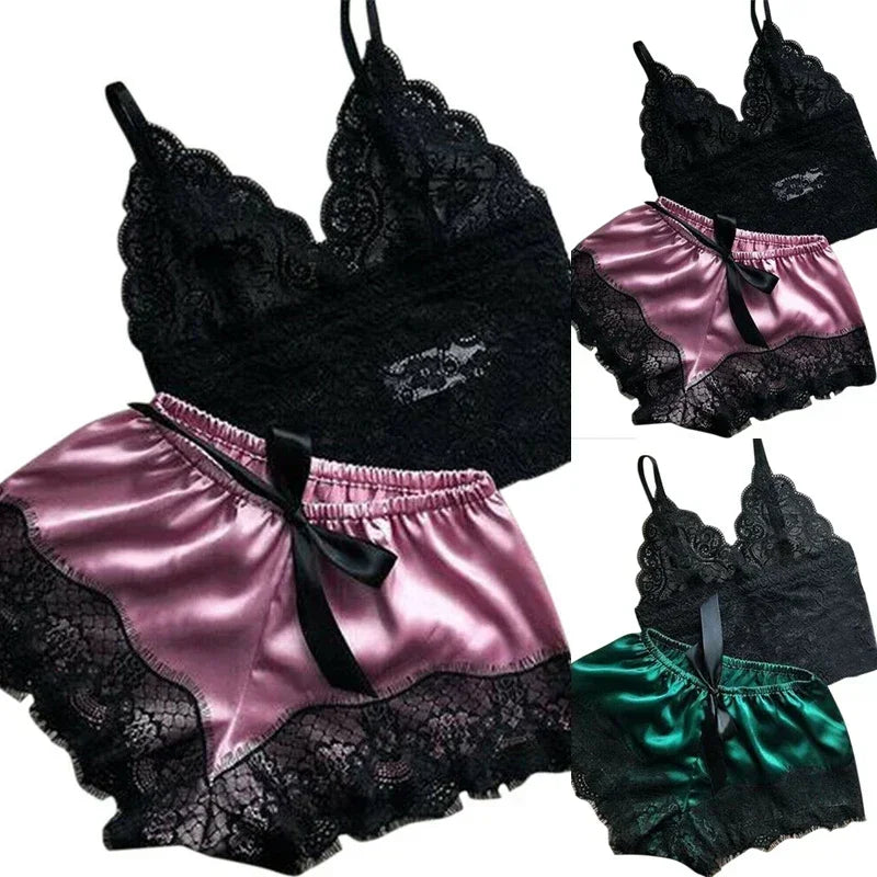 Sleepwear Womens Sexy Pajamas Set Lace Nachtkleding Lingerie Sleeveless V-Neck Tops and Shorts Sets Nightwear Loungewear