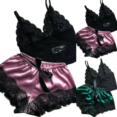 Sleepwear Womens Sexy Pajamas Set Lace Nachtkleding Lingerie Sleeveless V-Neck Tops and Shorts Sets Nightwear Loungewear