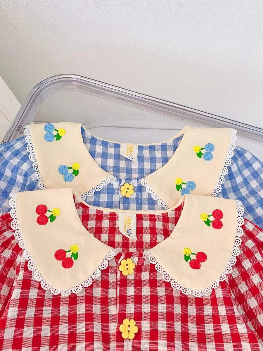 Rabbit Embroidery Cherry Lace Checkered  Peter Pan Collar Dress For Toddler |Girl  1-4Y Infant Girl Princess Dress|New Arrival