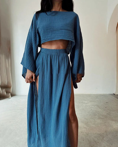 Casual Solid Cotton Linen 2 Piece Sets Spring O Neck Crop Top High Waist Slit Women Skirt Outfit Summer Flare Sleeve Hollow Suit