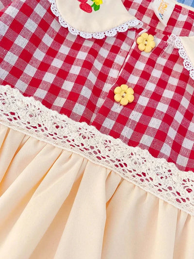 Rabbit Embroidery Cherry Lace Checkered  Peter Pan Collar Dress For Toddler |Girl  1-4Y Infant Girl Princess Dress|New Arrival