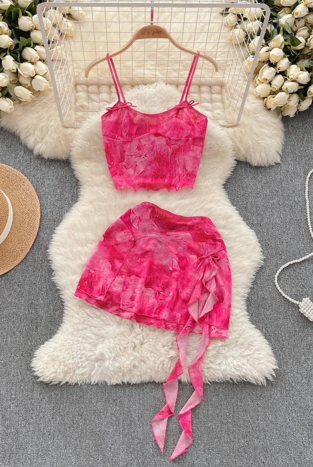 Women's Summer Sexy 2 Pieces Set New Chic Printed Spaghetti Strap Sleeveless Crop Top and Elastic Waist Ruffles Mini Skirt Suits