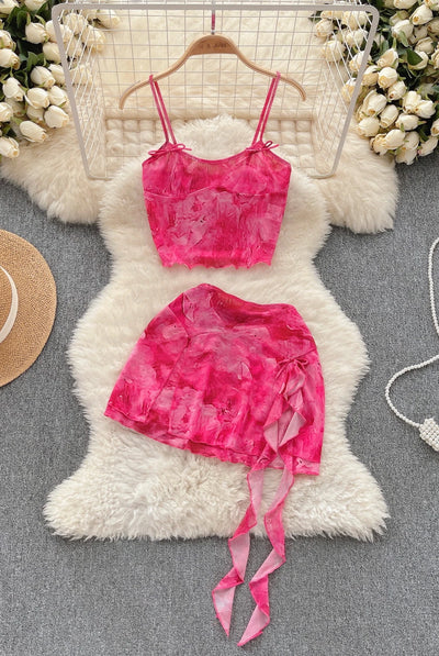 Women's Summer Sexy 2 Pieces Set New Chic Printed Spaghetti Strap Sleeveless Crop Top and Elastic Waist Ruffles Mini Skirt Suits