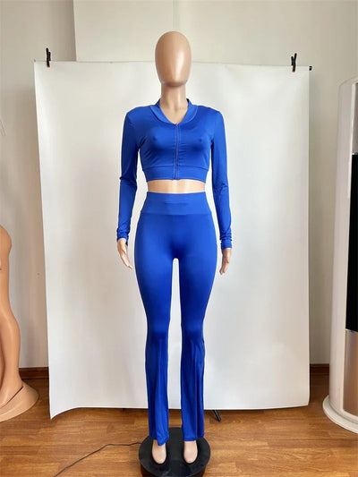 2024 Autumn Solid Women Tracksuits Slim 3 Piece Sets Tank Crop Tops + Zipper Long Sleeve Jackets + High Waist Flare Pants Suits