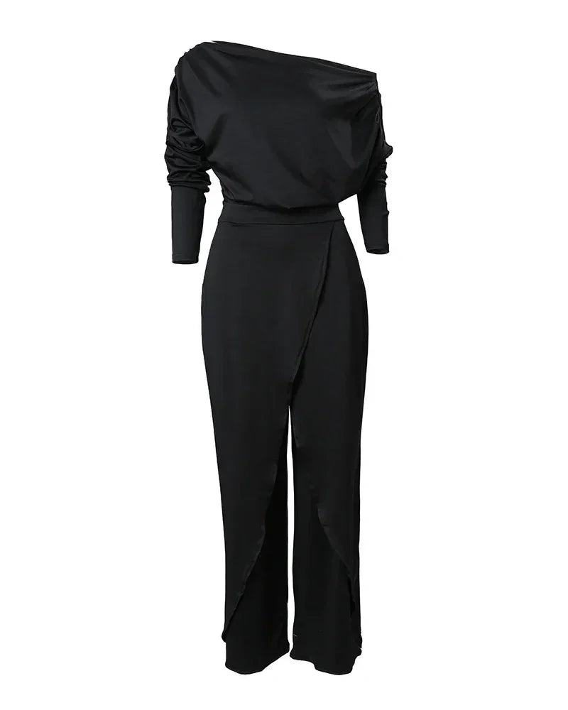 Jumpsuits for Women 2025 Elegant New Fashion Plain Elegant Office Lady Loose Ruched Cold Shoulder Split Hem Wide Leg Jumpsuit