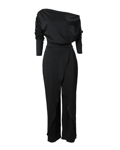 Jumpsuits for Women 2025 Elegant New Fashion Plain Elegant Office Lady Loose Ruched Cold Shoulder Split Hem Wide Leg Jumpsuit