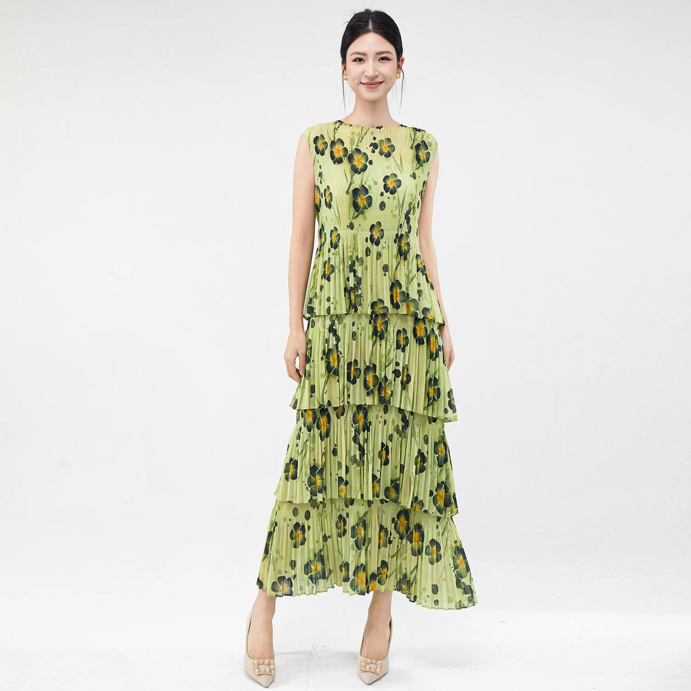 Women Dresses For Summer 2025 Miyake Pleated Dress Summer Fashion Holiday Style Printed Stretch Cake Dress