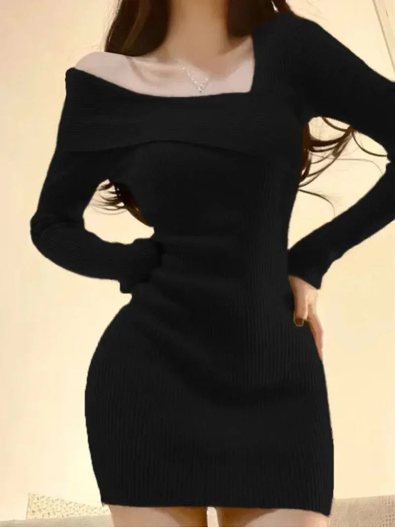 Knitted Dress Women Autumn Winter Long Sleeved Sexy Off Shoulder Stretch Sweater Solid Elegant Skinny Chic Korean Lady Dress