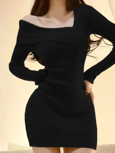 Knitted Dress Women Autumn Winter Long Sleeved Sexy Off Shoulder Stretch Sweater Solid Elegant Skinny Chic Korean Lady Dress