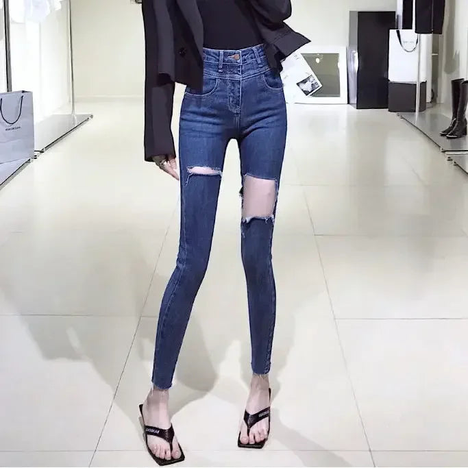 Skinny Pencil Slim Fit Women's Ripped Jeans 90s South Korea Cheap Summer Cowboy Pants for Woman Korean Fashion Xxl Torn Trousers