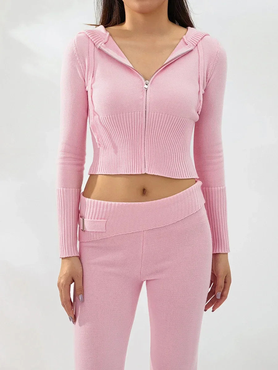 Women Tracksuit  Knit Lounge Set Long Sleeve Zip Up Hoodie with High Waist Wide Leg Pant 2 Piece Sweater Ensemble Casual Set