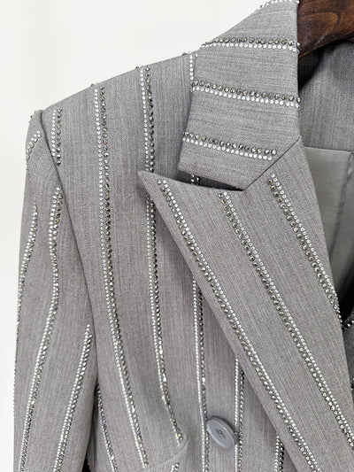 Women Pants Two Piece Sets Women Gray Rhinestone Single Button Blazer + Sparkle Striped Diamonds Pants Suits Evening Party Club