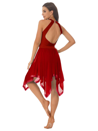 Elegant Ballet Leotards Dance Dress For Women Shiny Sequins Asymmetrical Hem Mesh Lyrical Dresses Prom Performance Costume