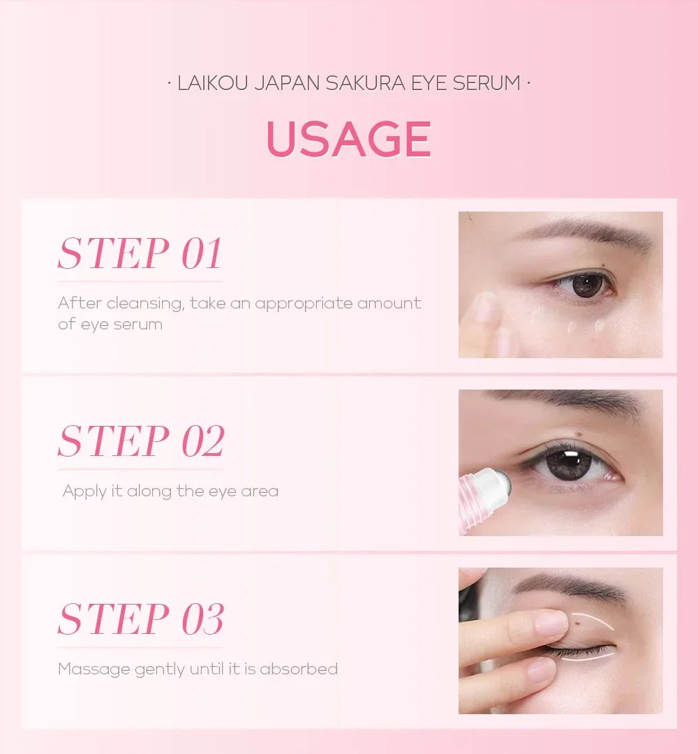 LAIKOU Sakura Eye Serum Eye Roller Massage Hyaluronic Acid Skin Care Eye Bags Cream Moisturizing Dark Circles 15ml