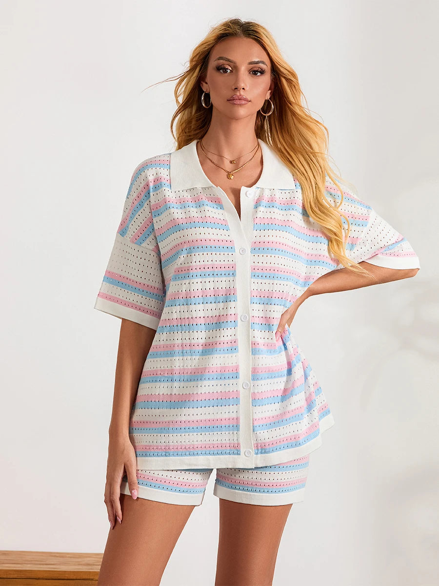 Women Pajamas Set 2 Pieces Loungewear Suits Summer Striped Contrast Color Button Crochet Knit Tops and Shorts Lounge Sets Beach