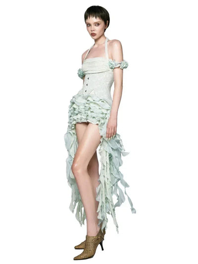 Women Ruffles Draped Dress Three Piece Sets Sexy Halter Neck Folds Ruffled Dress+Lace-up Corset Top+Shorts Suits Party Cocktail