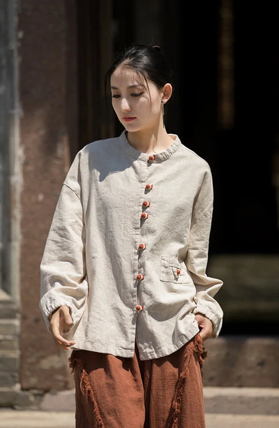 Cotton Linen Women's Literary Vintage Ramie Tops Shirt Women's Patchwork Colour Plate Button Lapel Cardigan Jacket Chinese Style