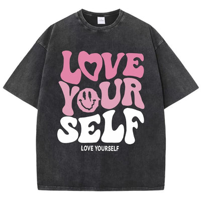 Women'S Cotton Washed T-Shirts Trend Distressed Loose Tees Love Your Self Letter Printing Short Sleeve Summer Female Clothes