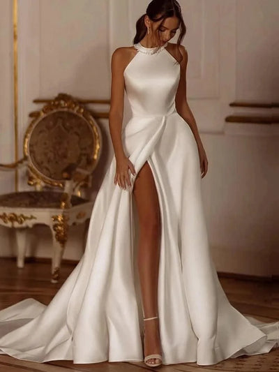 Wedding Dresses Side Slit Sexy Bridal Robes A-Line Lustrous Satin Gown