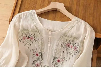 Cotton and Linen V-neck Embroidered Shirt for Women, Summer Thin Style Loose Medium Sleeves Small Shirt Top