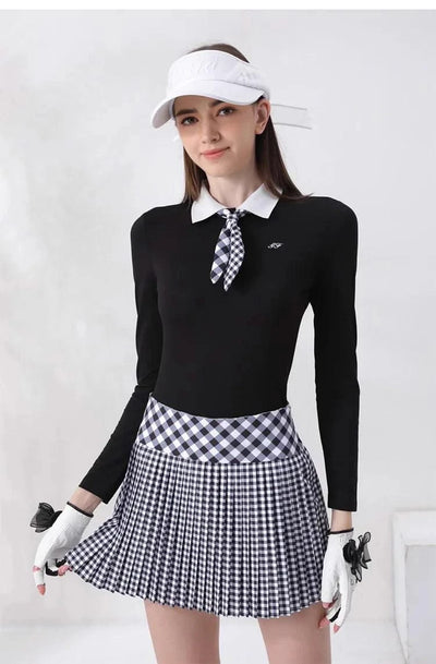 Women's Golfwear for Spring/Autumn Slim-Fit Long-Sleeve Top with Polo Collar and Bow Tie, High-End Golf Hundred-Pleat Skirt Suit