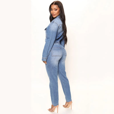 Women Jeans Jumpsuits Single Breasted Solid Denim Washing Overalls Pockets High Street Button Pencil Pants Ankle Length