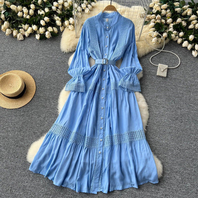 Retro Elegant Summer Stand Collar Flare Sleeve Single Breasted Lace Spliced Dress A-line French Evening Party Women Dresses