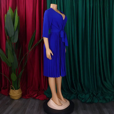 Elegant Office Dresses for Women Professional V Neck Full Sleeve Sashes Pleated Mid Calf Formal Business Work Wear Dress Midi OL