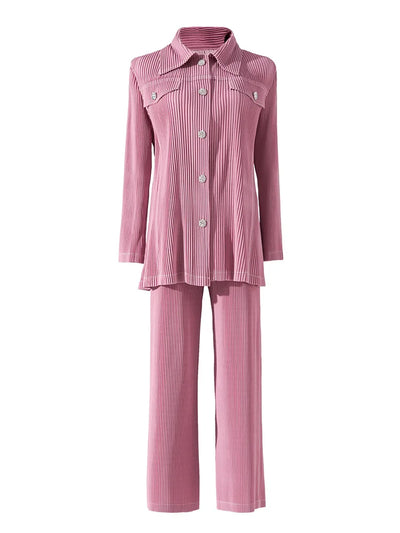 Wrinkle fashion casual suit for women high-end and casual loose fit plus size shirt collar top straight leg pants [20240514]